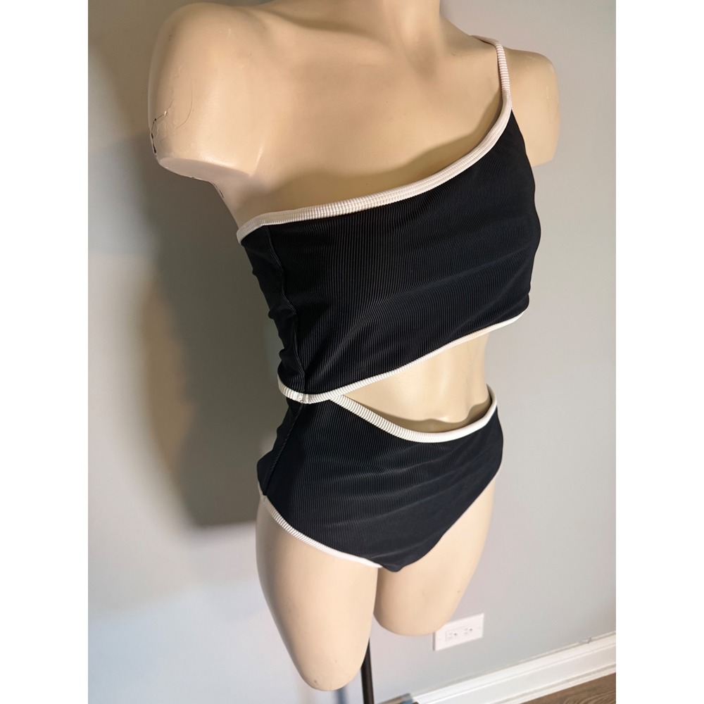 Beach Riot Celine One Piece Swimsuit Black White Ribbed Cutout One Shoulder M - Picture 2 of 6